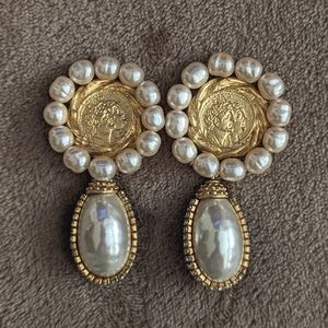 Large vintage clip gold, pearl, and rhinestone earrings